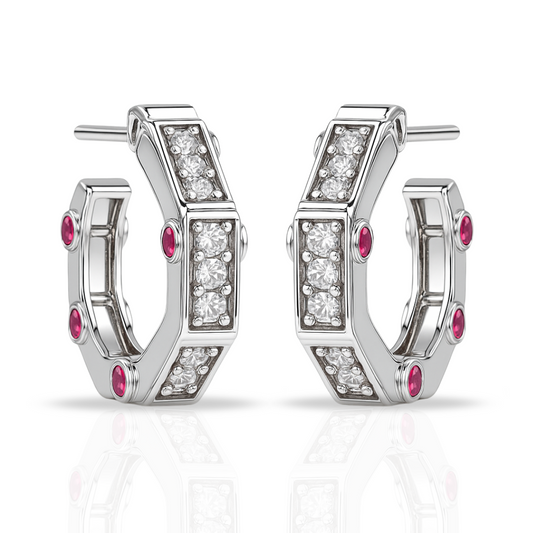 Cercei hoops geometrici cu zirconii fuchsia