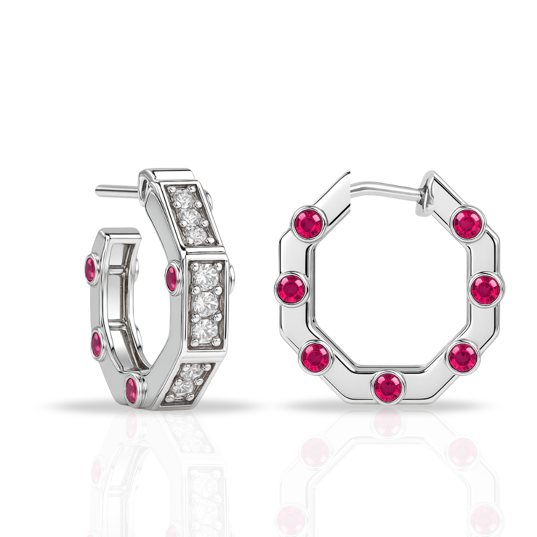 Cercei hoops geometrici cu zirconii fuchsia