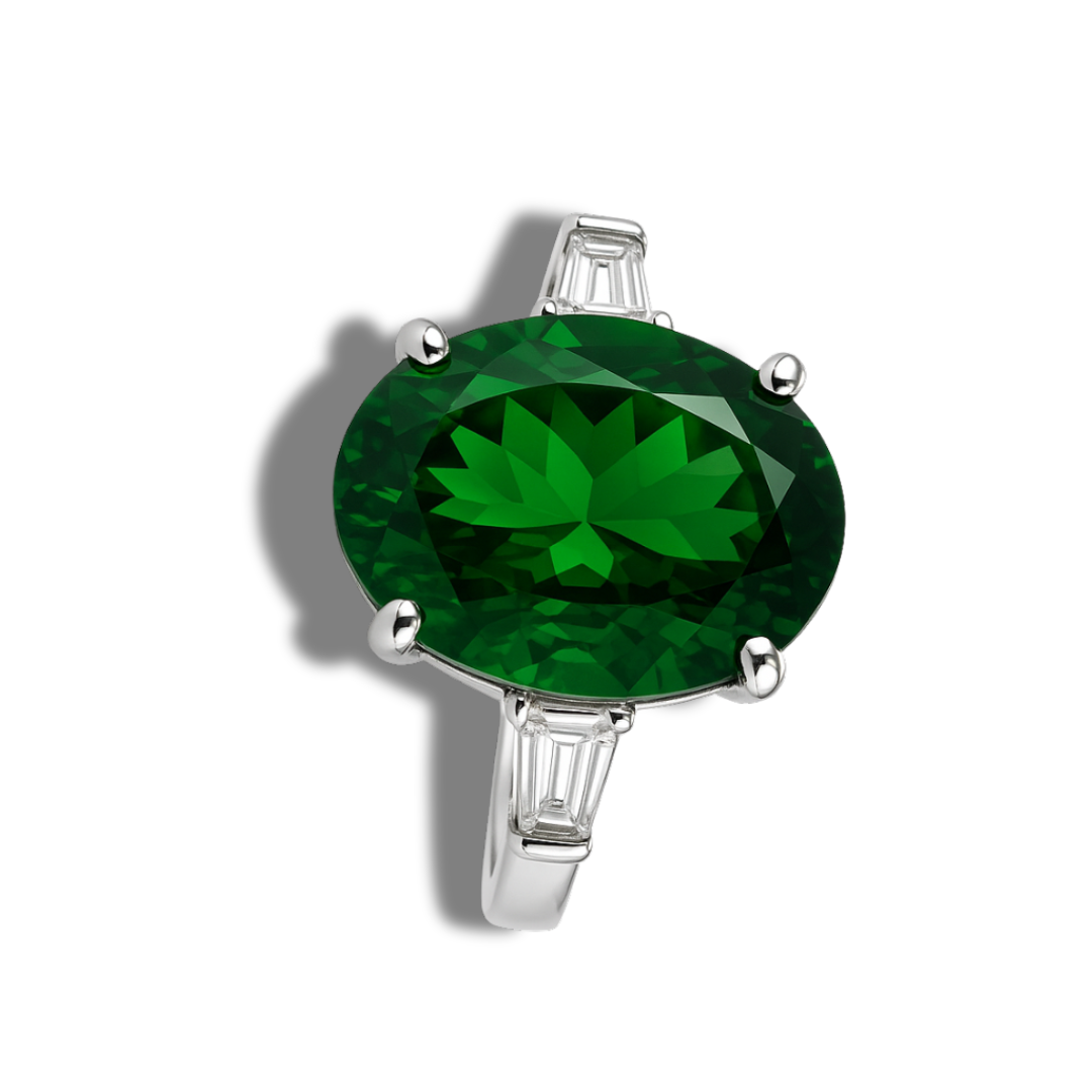 Inel cu oval verde si baghete