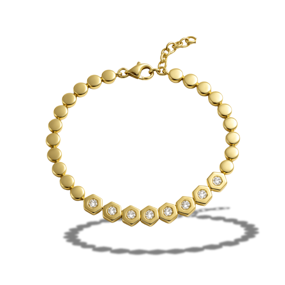 Brățară aurie din cercuri si hexagoane cu zirconii