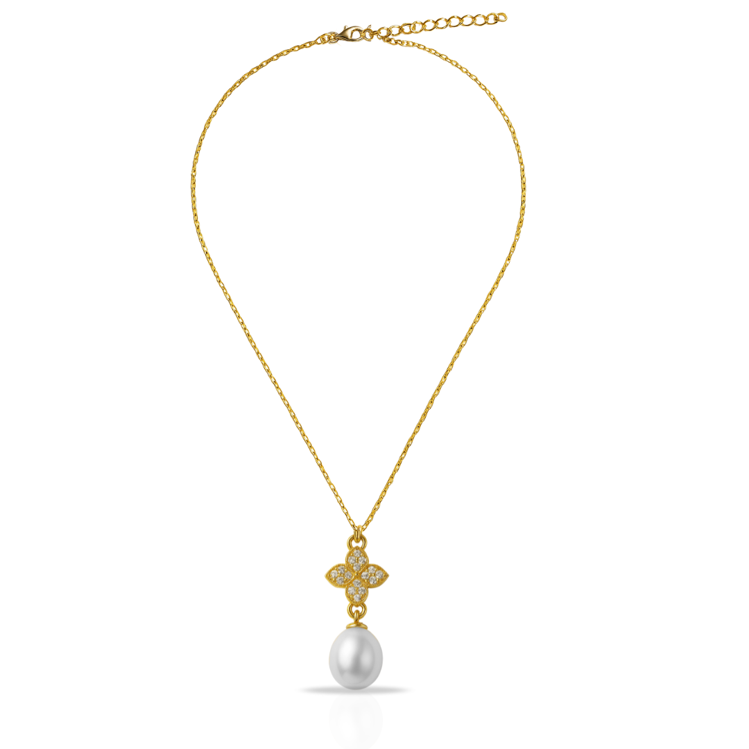 Colier auriu cu trifoi si perla sintetica