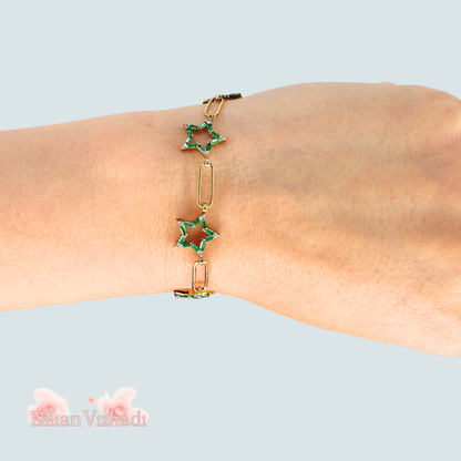 Brățară aurie din zale cu steluțe verzi