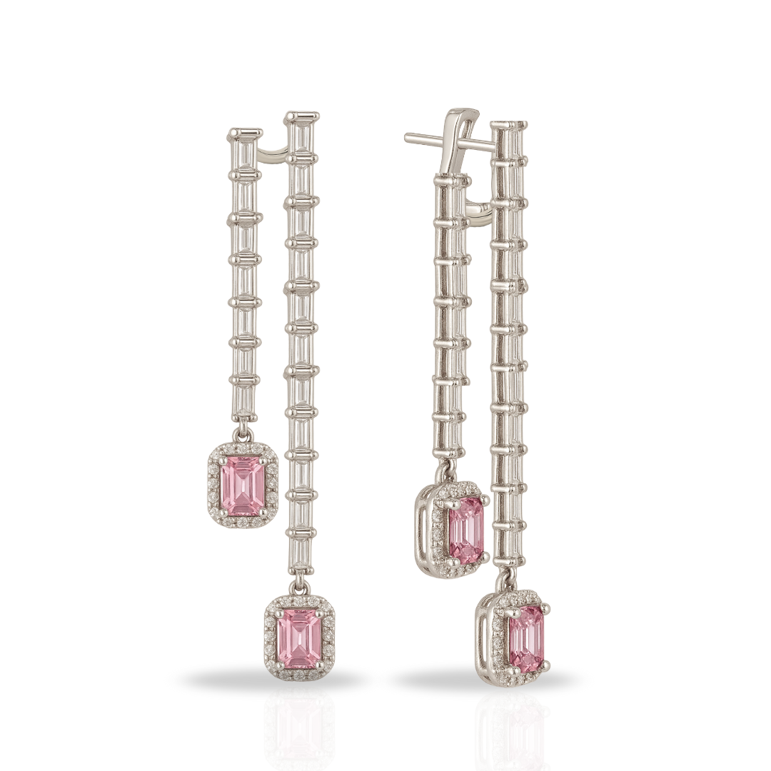 Cercei luxury cu baghete si dreptunghi roz