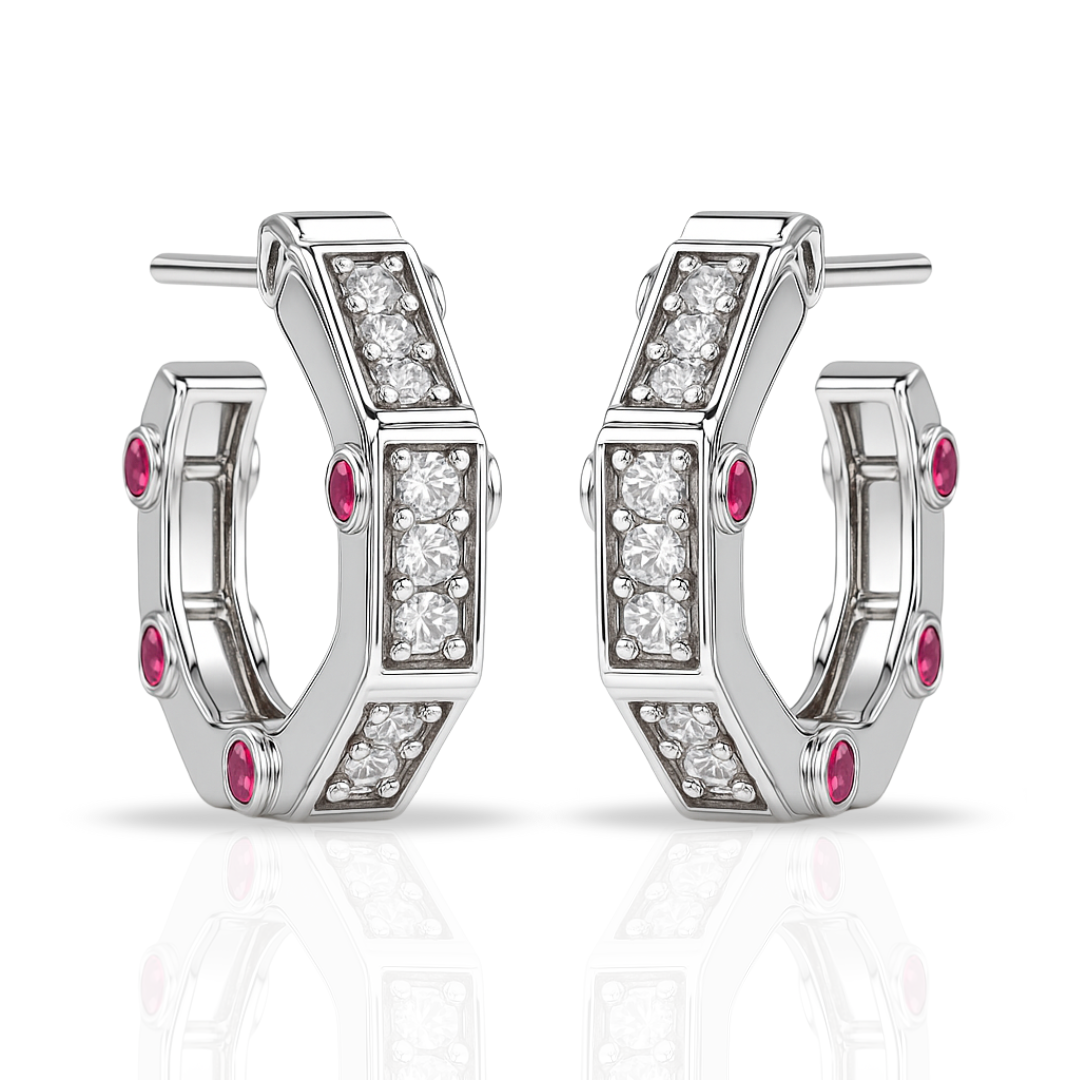 Cercei hoops geometrici cu zirconii fuchsia