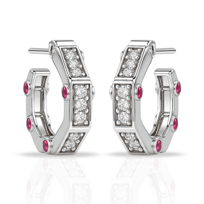 Cercei hoops geometrici cu zirconii fuchsia