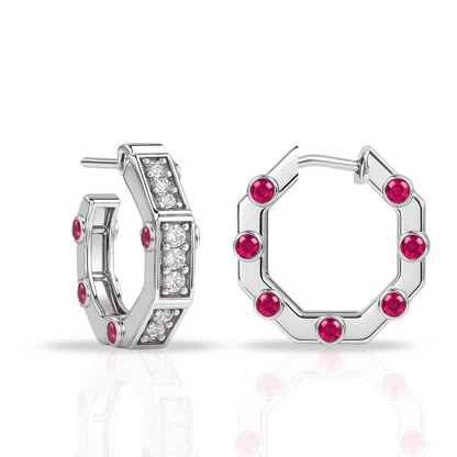 Cercei hoops geometrici cu zirconii fuchsia