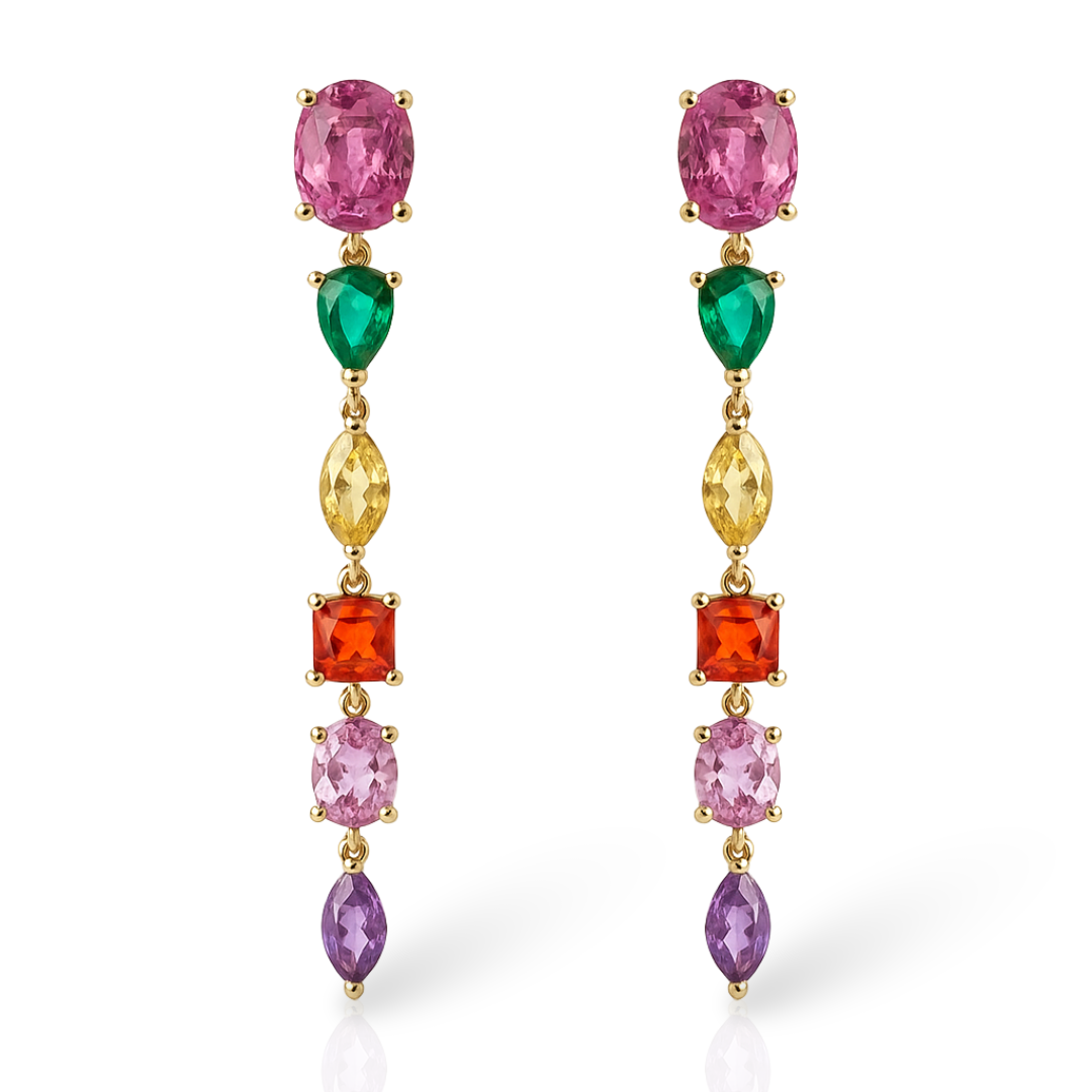 Cercei aurii lungi geometrici cu zirconii multicolore