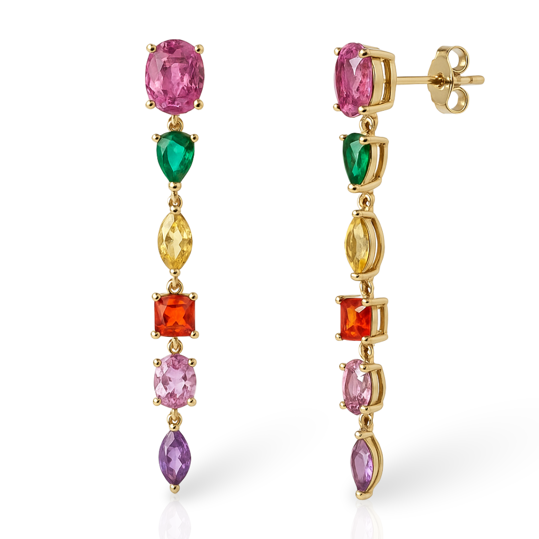 Cercei aurii lungi geometrici cu zirconii multicolore