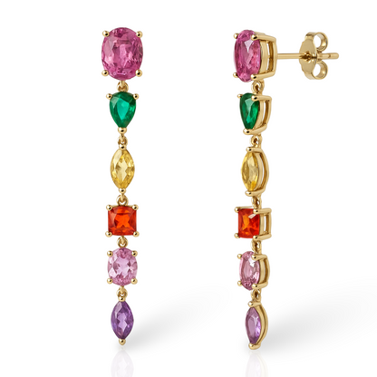 Cercei aurii lungi geometrici cu zirconii multicolore