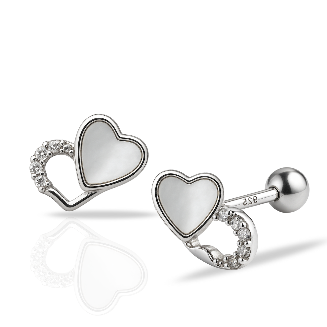 Cercei cu doua inimi si sidef