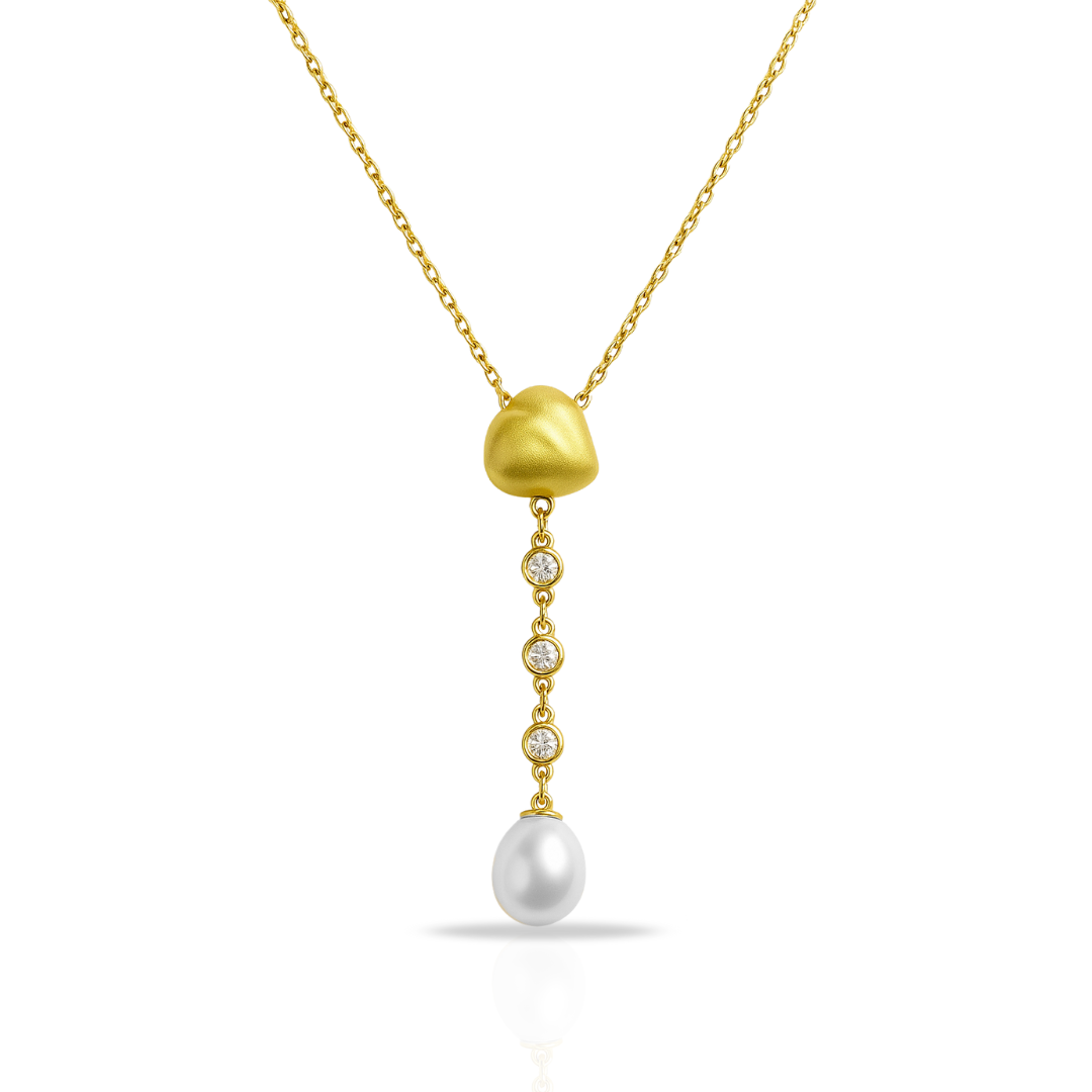 Colier auriu minimalist cu zirconii si perla sintetica