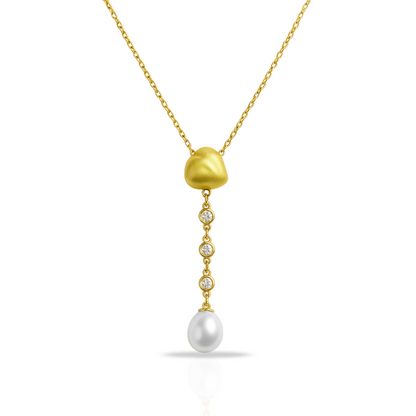 Colier auriu minimalist cu zirconii si perla sintetica