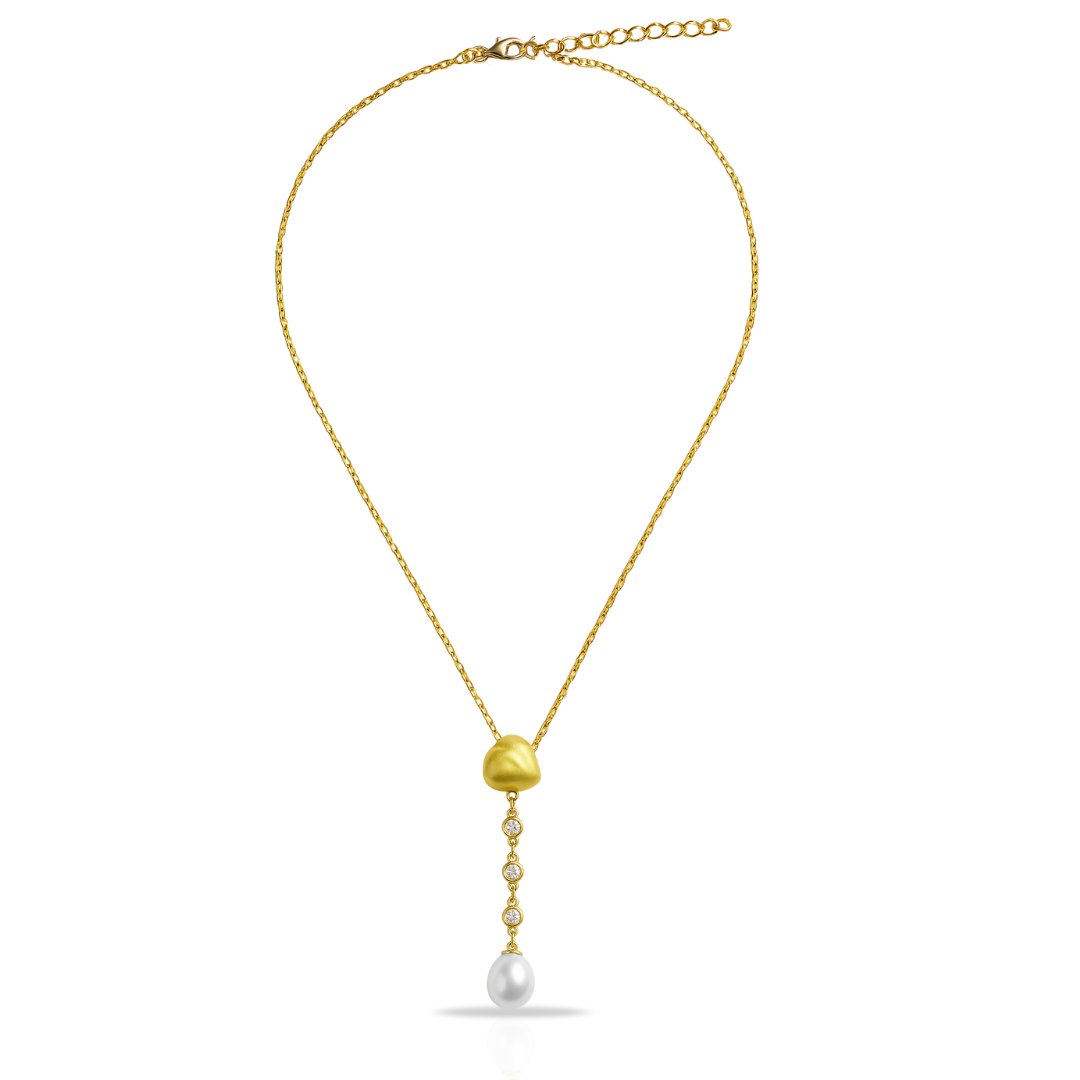 Colier auriu minimalist cu zirconii si perla sintetica