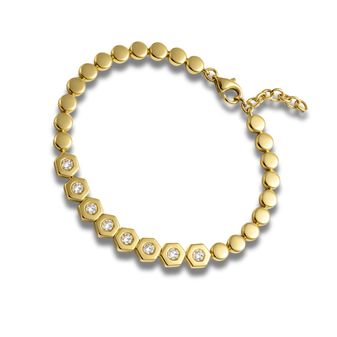 Brățară aurie din cercuri si hexagoane cu zirconii