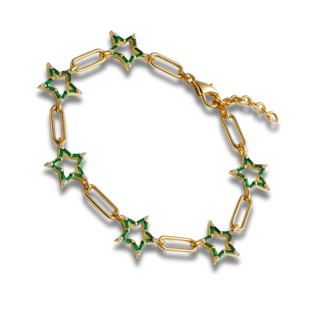 Brățară aurie din zale cu steluțe verzi