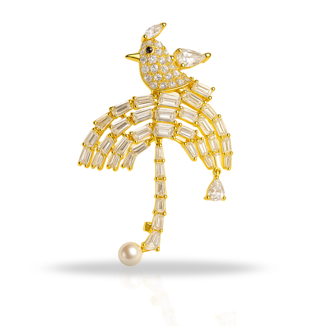 Broșă umbrela si pasare aurie