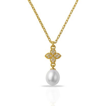 Colier auriu cu trifoi si perla sintetica